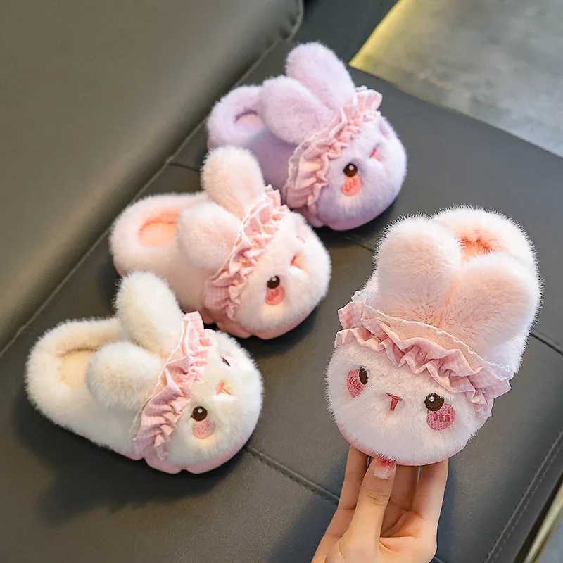 Kids Plush Rabbit Slippers - Winter Closed-Back House Shoes Warm Fleece-Lined Booties for Girls Matching Family Pairs S260305