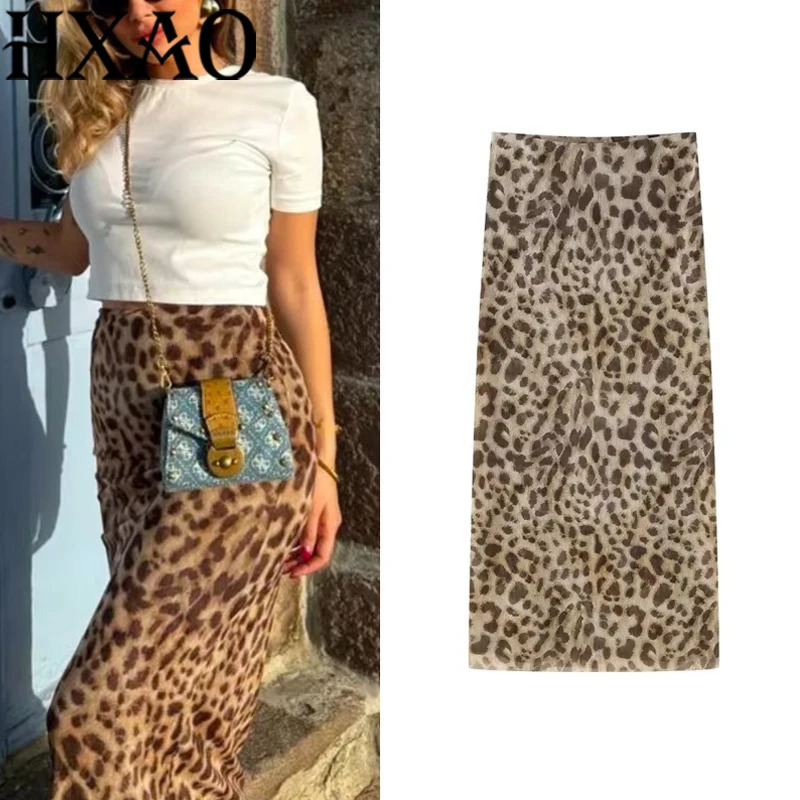 HXAO Leopard Long Skirts Womens Spring Summer Autumn Elegant Party Printed Skirts Ladies Fashion Casual Office Midi Skirts 260306