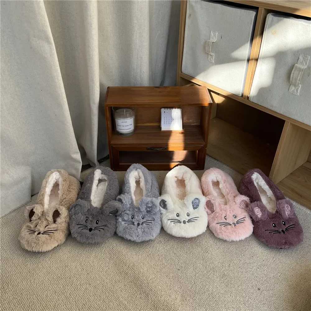 House Slipper Women Winter Non Slip Grip Indoor Fur Contton Warm Plush Home Fluffy Lazy Female Mouse Ears Embroidery Fuzzy Shoe S260305