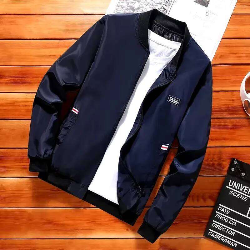 Men's Casual Long Sleeve Zipper Baseball Collar Bomber Jacket, Chic And Trendy Regular Fit Windbreaker Jacket For Spring