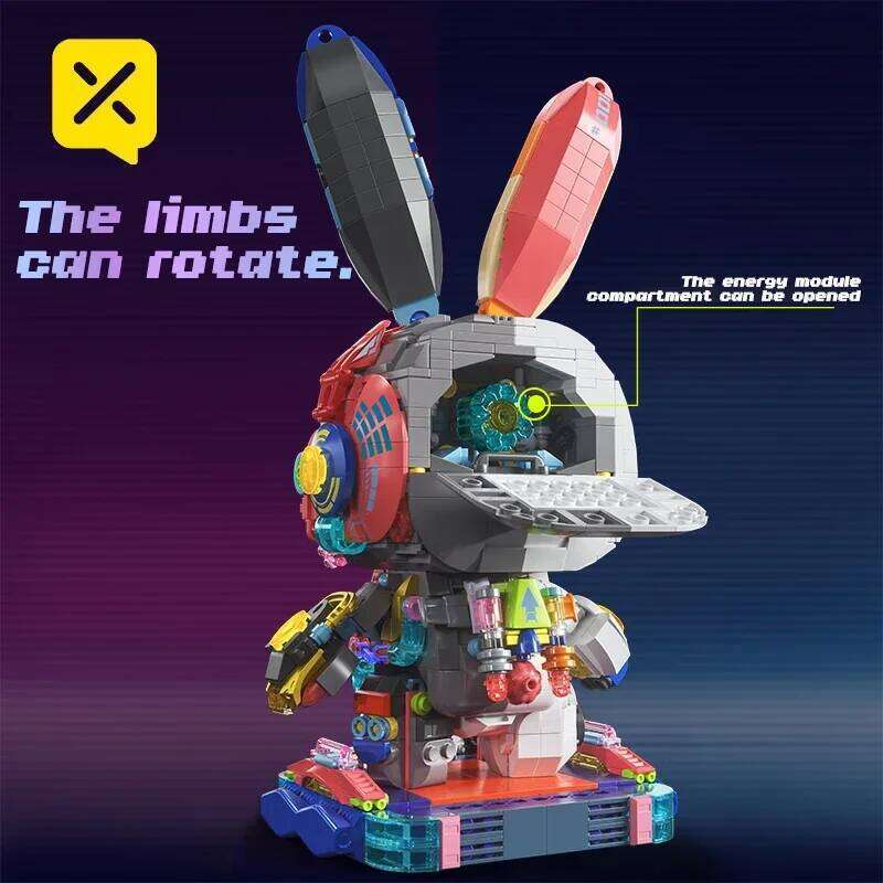 TOYLINX 1377pcs Cyberpunk Mechanical Rabbit Building Blocks LED Light Up Brick Collectible Adult Puzzle DIY Toy Desktop Ornament Z260305