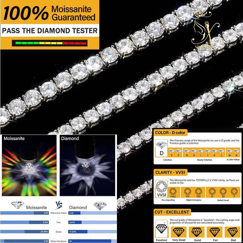 Wholesale Hip Hop Luxury Jewelry 925 Sterling Silver Necklace 6mm VVS D Color Mossanite Ice Out Diamond Tennis Bracelet Necklace