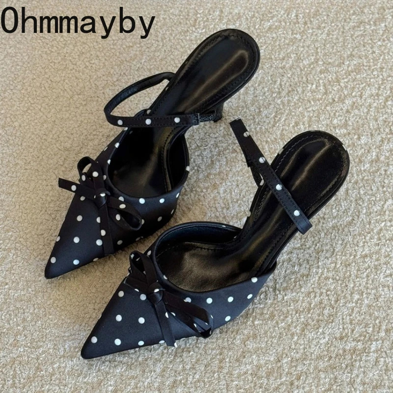 Pointed Toe High Heels Women Dot Sandals 2026 Summer Singbacks Mules Shoes Elegant Butterfly-knot Stripper Party Sandalias 260303