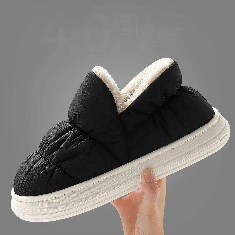 Litfun Winter Down fabric Women's Waterproof Non-slip Slides Warm Cozy Indoor Slippers Plush Lining Women Cotton Shoes