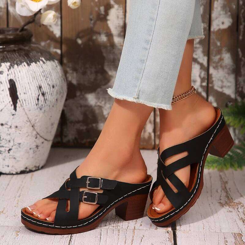 2026 New Women's Hot Selling Fashion Double Buckle Design High Heels Open toed Rubber Sole Non slip Sandals