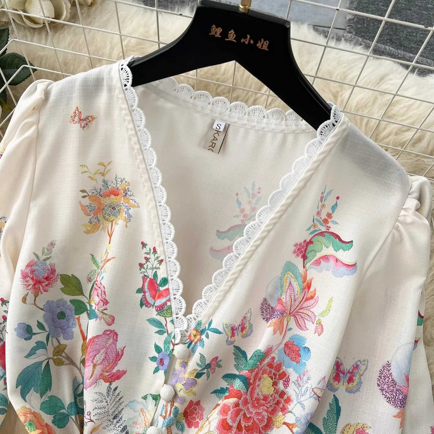 Summer Holiday Flower Robe Dress Women Lace Splicing V-Neck Long Lantern Sleeve Sashes Floral Print Maxi Vestidos Clothes 6272 X260306