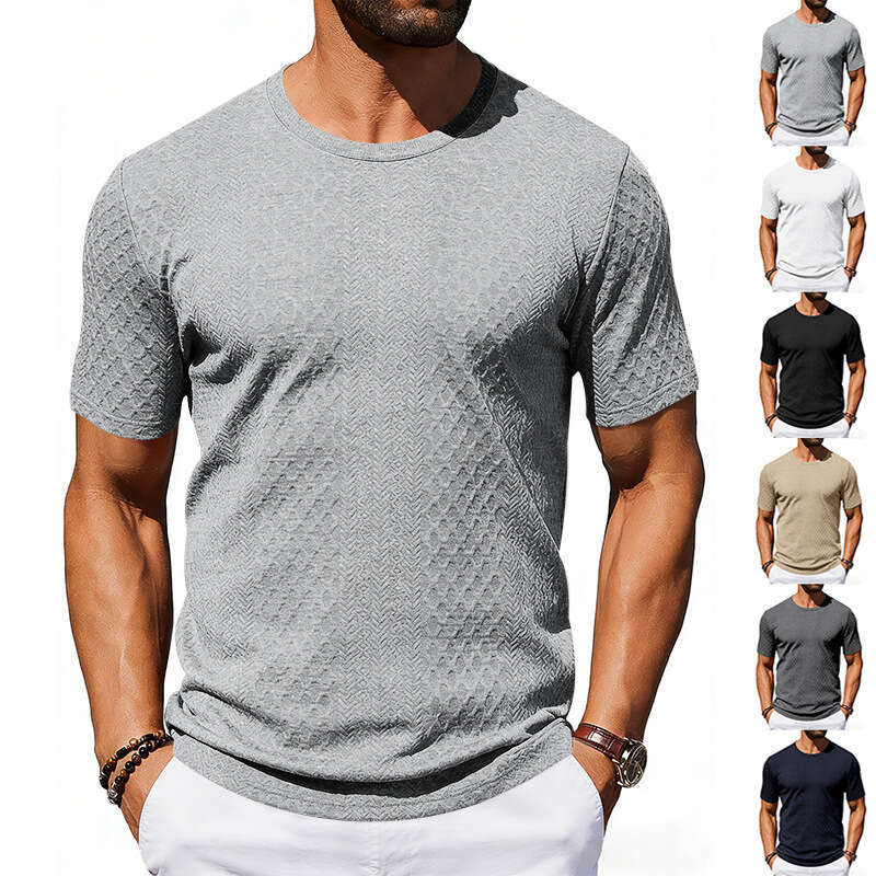 Cross-border Amazon Tiktok Summer New Men's Jacquard Textured T-shirt Casual Loose Solid Color Round Neck Short Sleeve