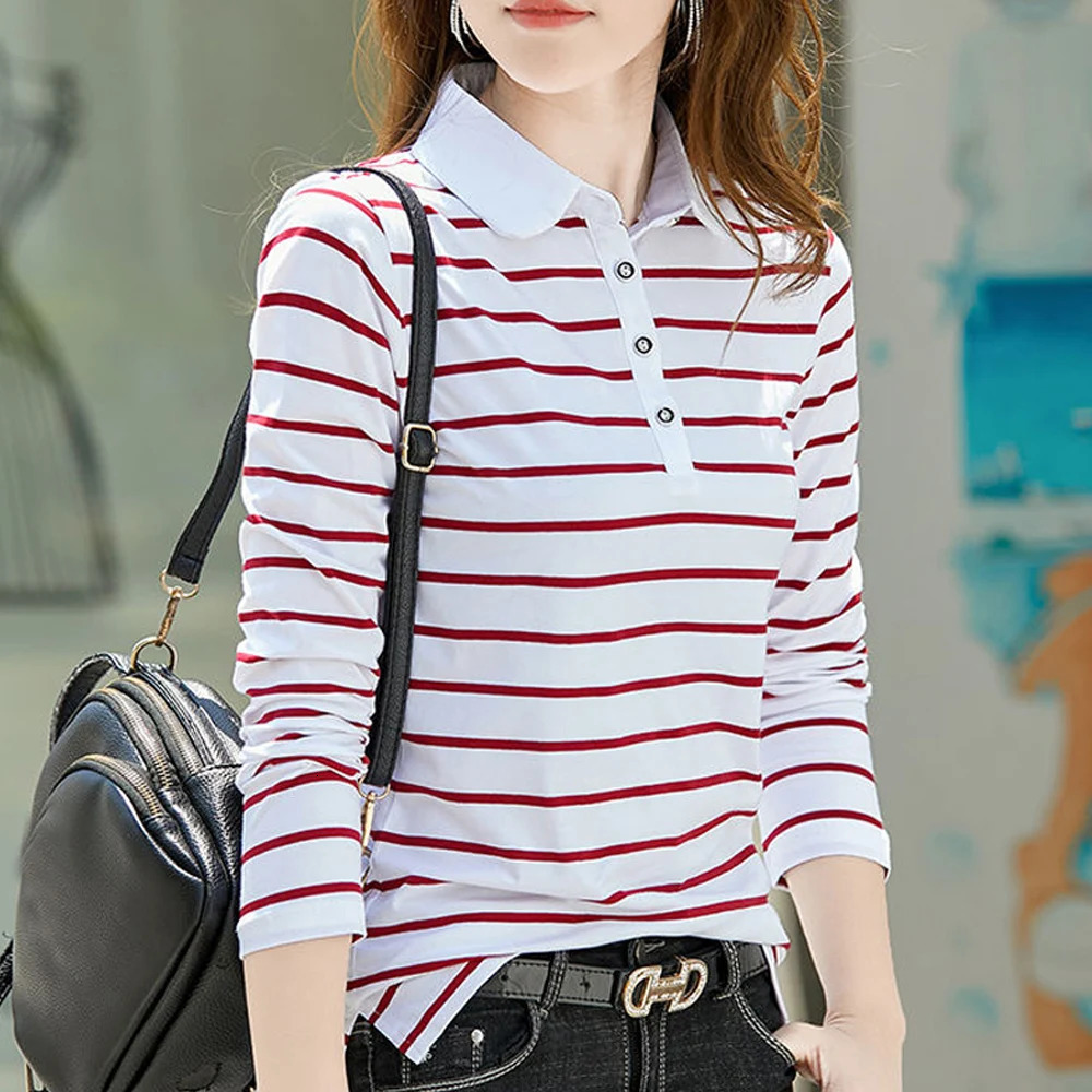 Flip collar striped tshirt for womens spring and autumn fashionable long sleeved polo shirt pure cotton 260228