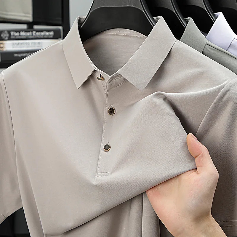 BROWON Summer Man Polo Shirt Office Short Sleeve Solid Color Ice Silk Soft Work Plain Tops Mens Polo T Shirt 4XL 260304