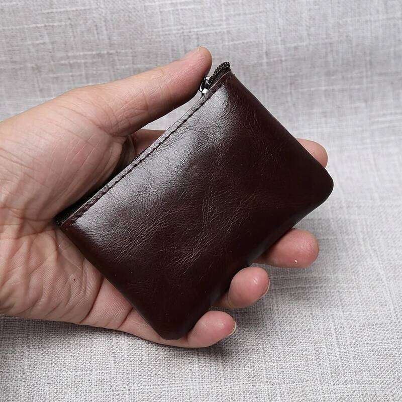 Leather Mini Coin Purse Unisex Simple Portable First Layer Cowhide Retro Handmade Zipper Small Wallet Key Case C260304