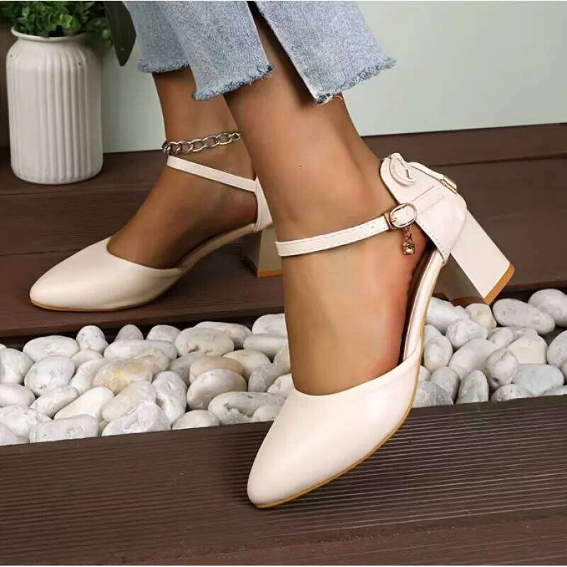 Women's Fashionable French Elegant Chunky Heel High Heels with Buckle Straps&Bowknot-Hollow-Out Mid-Heel Dressy Sandals for Lady