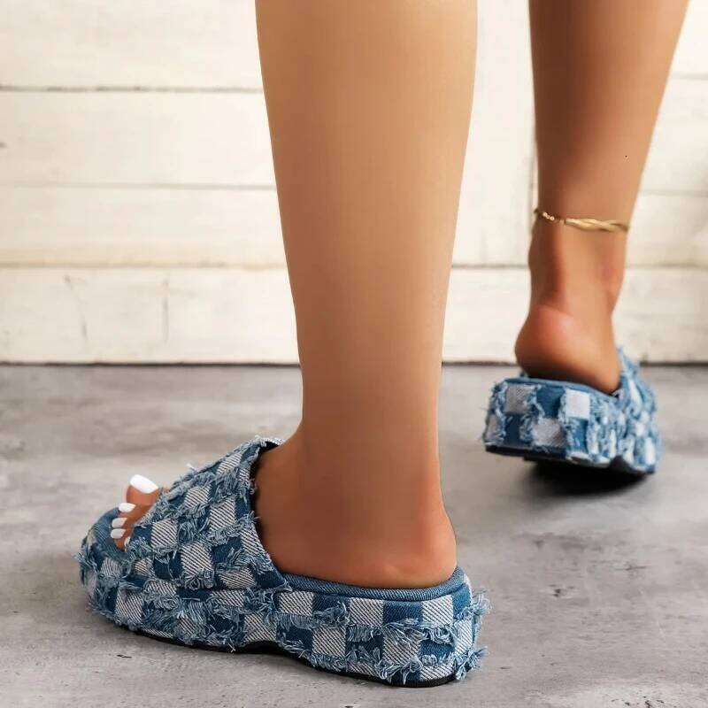 2025Women Denim Summer Beach Women Retro Slip on Wedges Platform Casual Open Toe Flat Sandals Jeans Canvas Slides