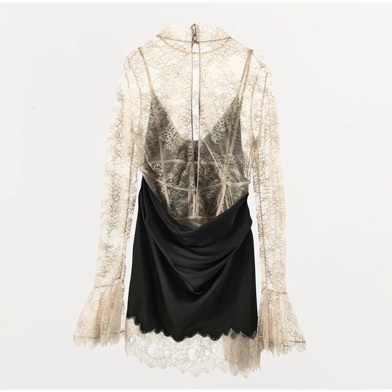 PRINTKAOIR 2026 Spring Elegant Sexy Lace Patchwork Mini Dress Women Flare Sleeve See Through Short Dresses Lady Club Party Gowns 260302