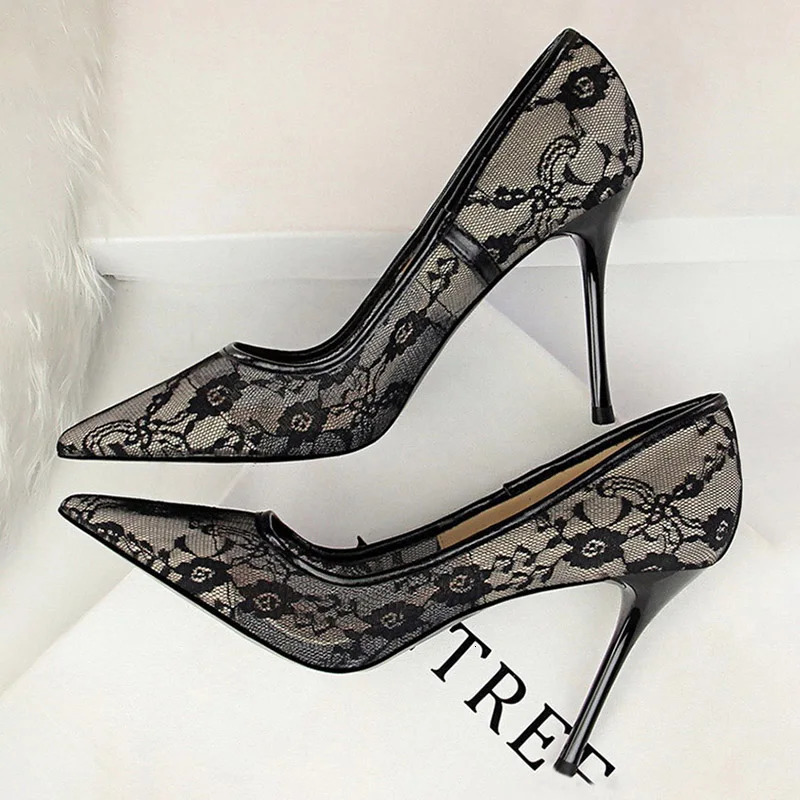 BIGTREE Shoes Mesh Hollow Lace Woman Pumps 2026 Spring Women Heels Sexy Party Shoes Thin Stiletto Heels Women Shoes 6 Colour 260306