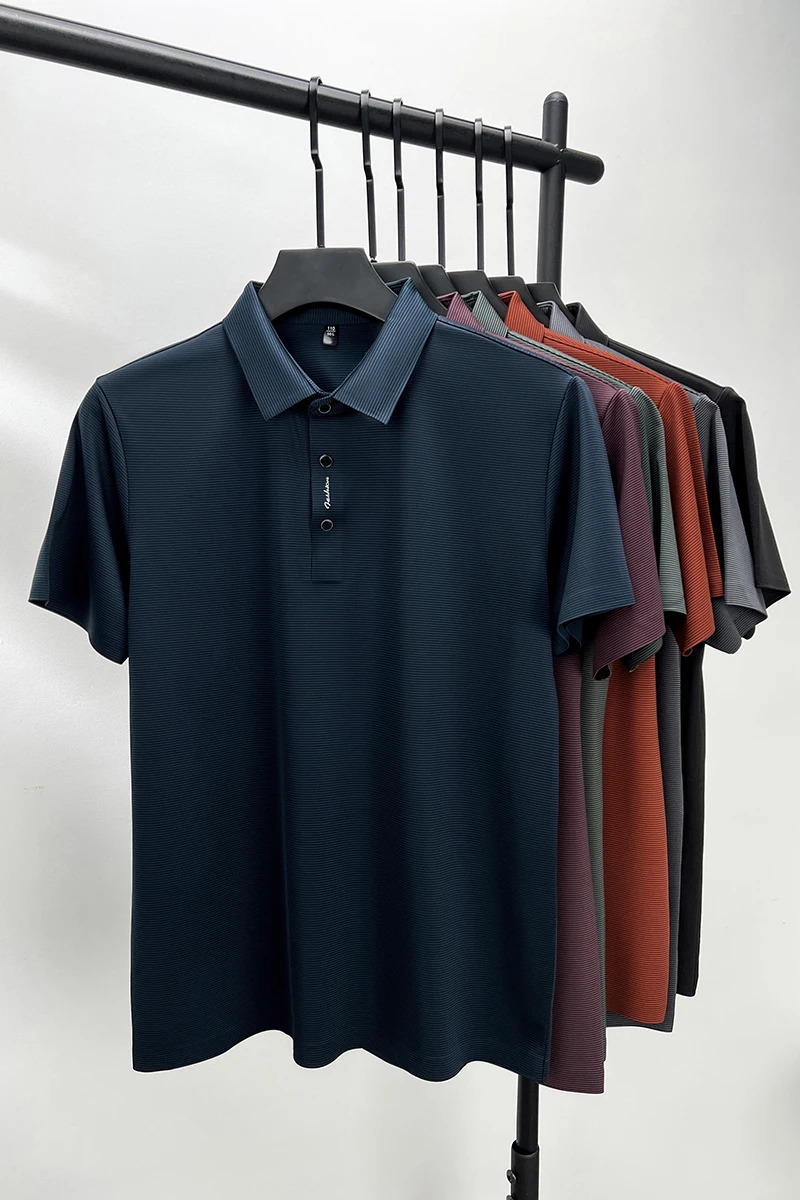 Summer Short sleeved High end Textured Letter Mens POLO Shirt Comfortable Silk Ice Feel Casual Business lapel T-shirt 260304
