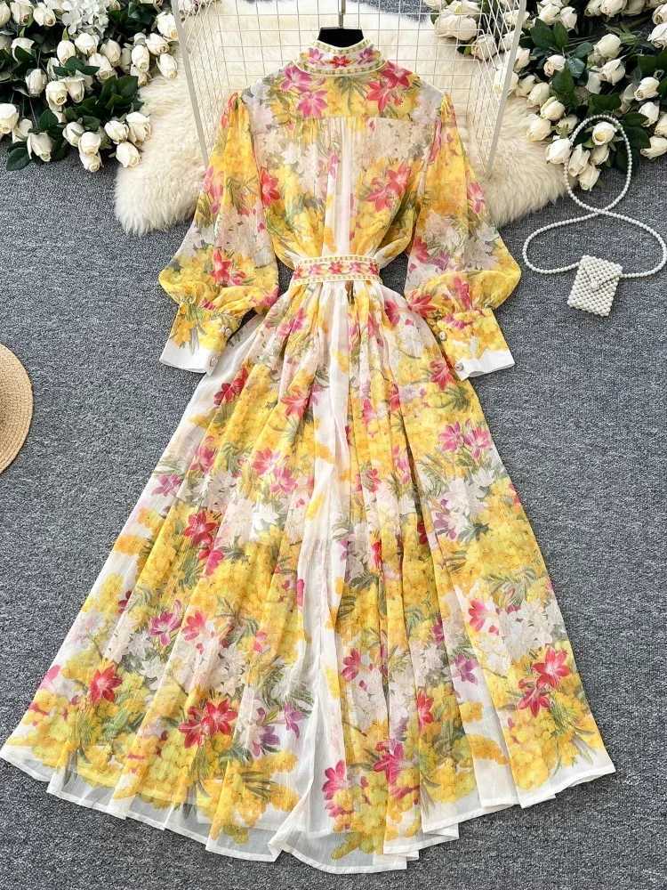 Spring France Elegant Vintage High End Evening Dress Women Sashes Print Button Long Party Dress Female Casual Holiday Clothing X260306