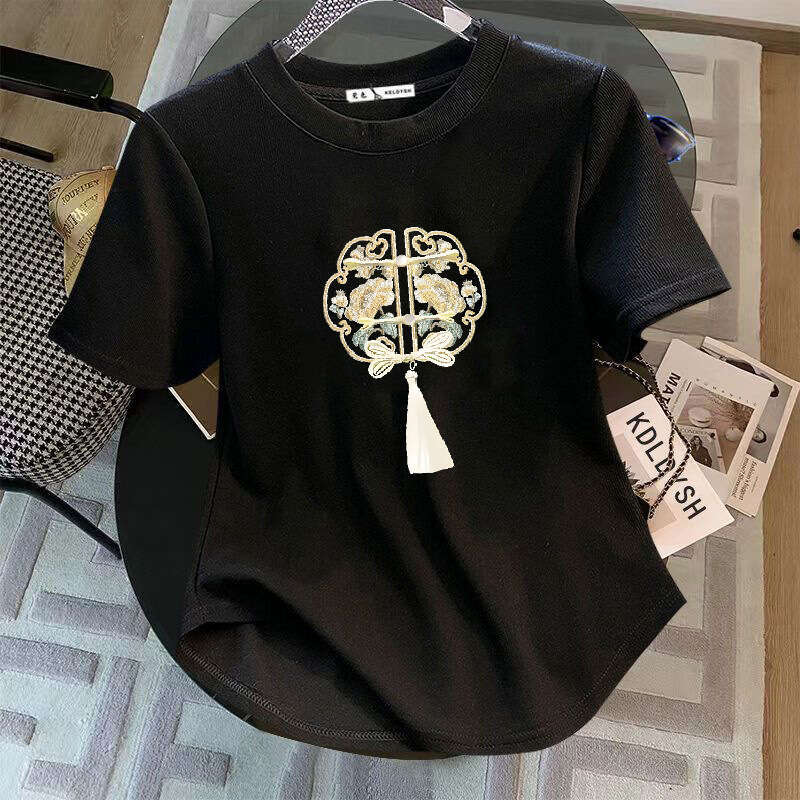 New Chinese Lightweight Embroidered Button Design short Women's Summer T-irt White Faionable Slim Fit round neck top Leisure multifunctional T-sl