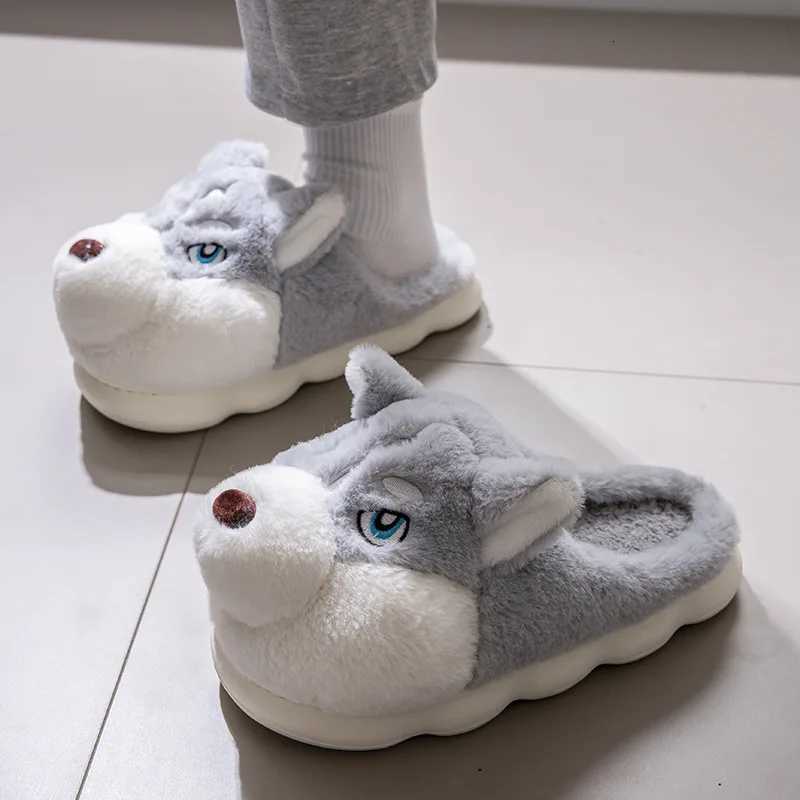 Men Home Cotton Slippers Cute Cartoon Dog Winter Warm Shoes For Couples Soft Plush Anti-slip Male Female Indoor Fluffy Slides S260305