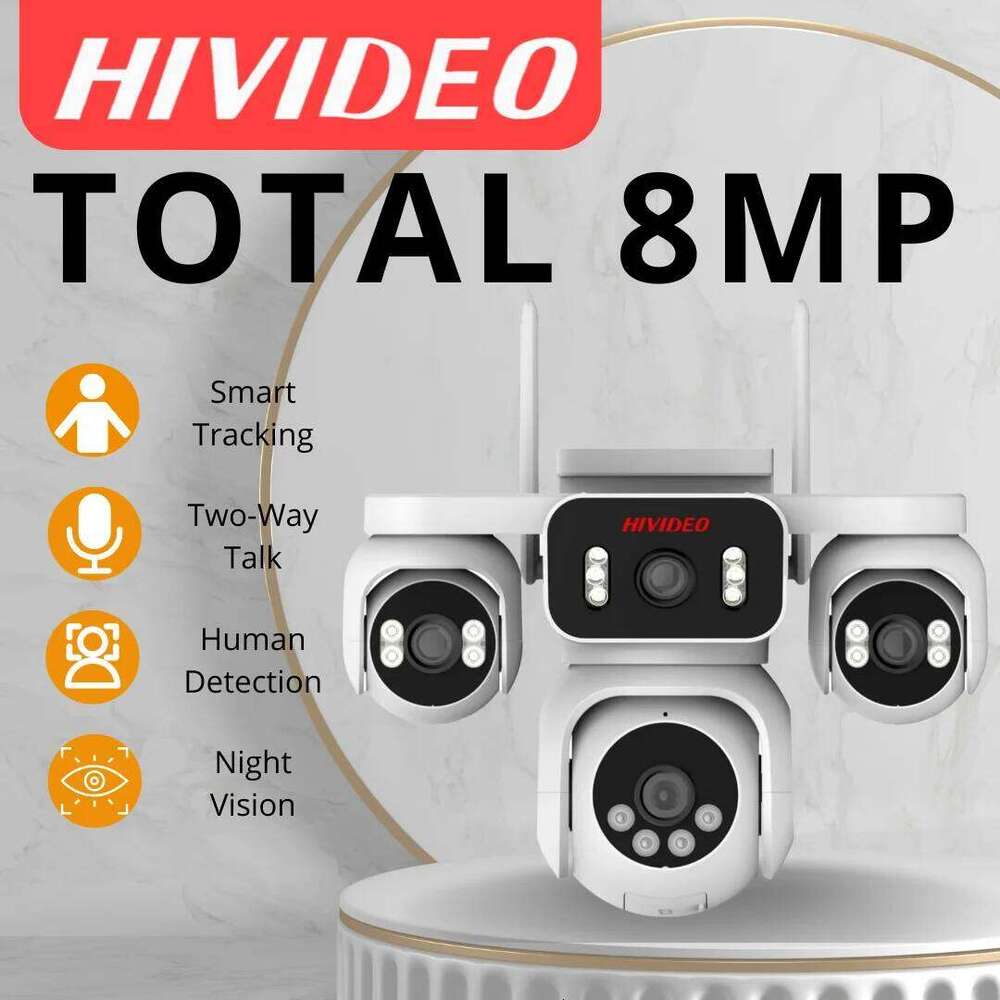 HIVIDEO 8MP Quad-lens Outdoor and Indoor Wifi Full Color Weatherproof Surveillance IP Security Cctv Camera 26W0306