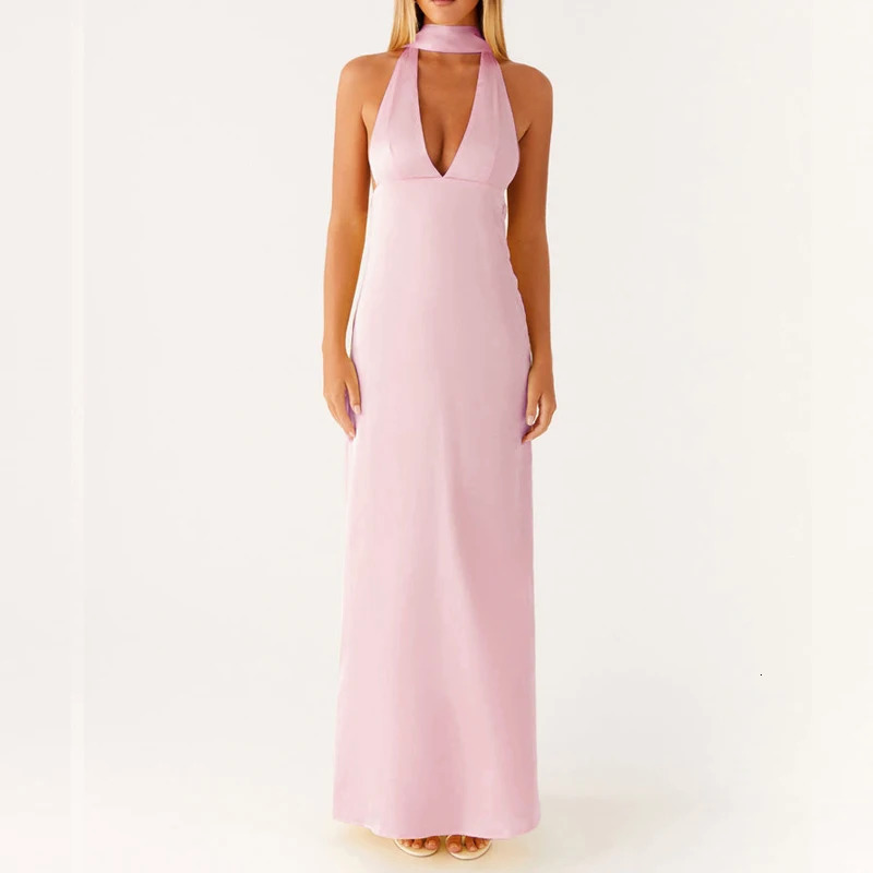 Maemukilabe Sexy Sleeveless Low Cut Print Maxi Dress Boho Halter Neck Slim Fit Flowy Long Dress Backless Floral Summer Beachwear 260306
