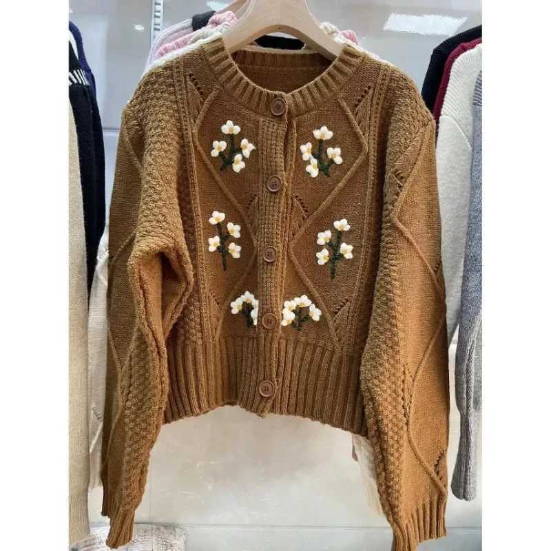 Retro Embroidery Knitted Cardigan Women Korean Chic Round Neck Short Twist Sweater Coat Autumn Winter Sweet Y2k Tops M260306