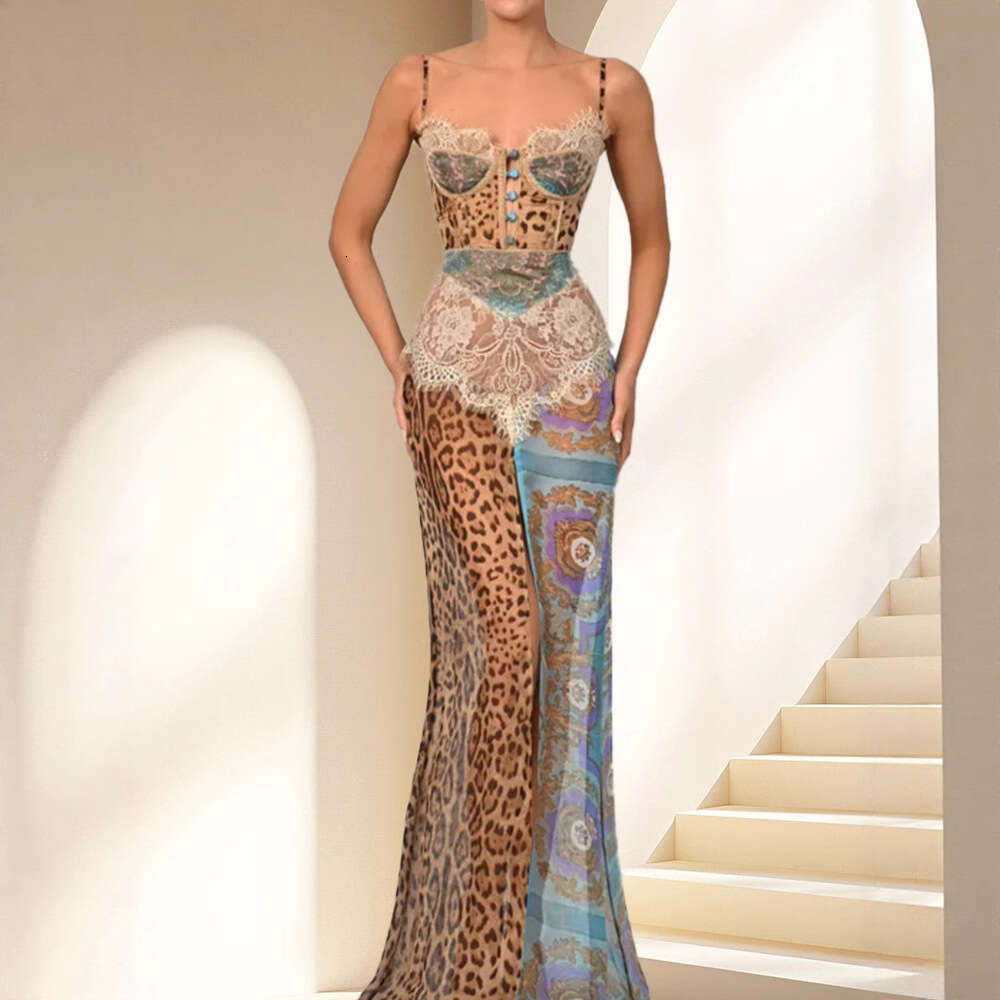 Cross-border strapless summer European and American chiffon sleeveless sexy printed color-blocked new strap dress 2026