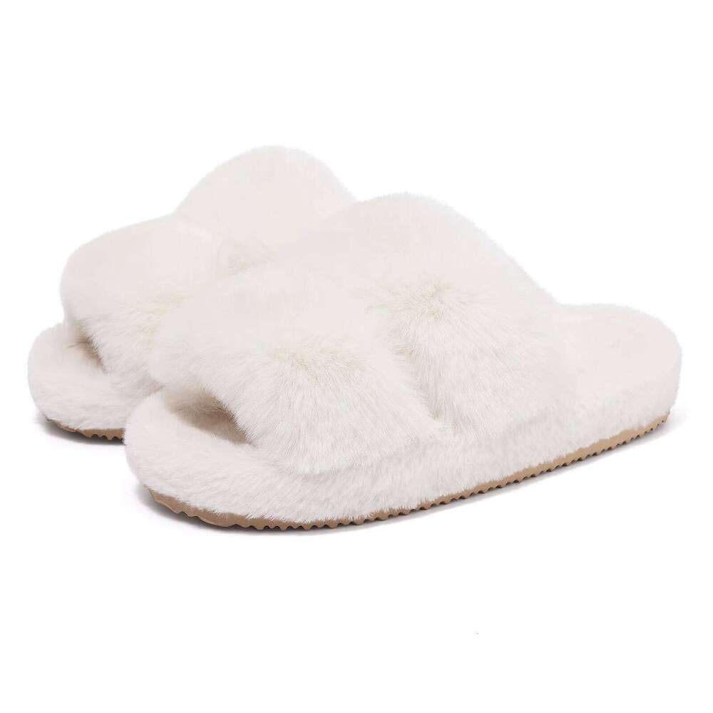 Litfun Fluffy Winter 2024 Platform Plush Open Toe Slippers Indoor Fur Flat Slides Women Fuzzy House Shoes