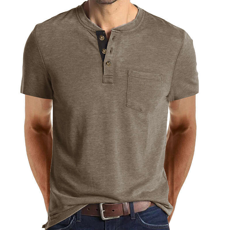 2024 Summer European and American Short Sleeve Foreign Trade Men's Henley T-Shirt Cross-Border Clothing Crew Neck Top