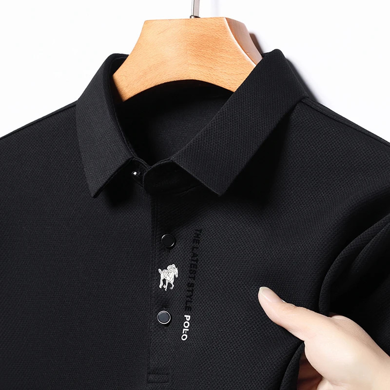 High end ice silk long sleeved T-shirt cool and comfortable casual mens fashion embossed spring and autumn polo shirt 260304