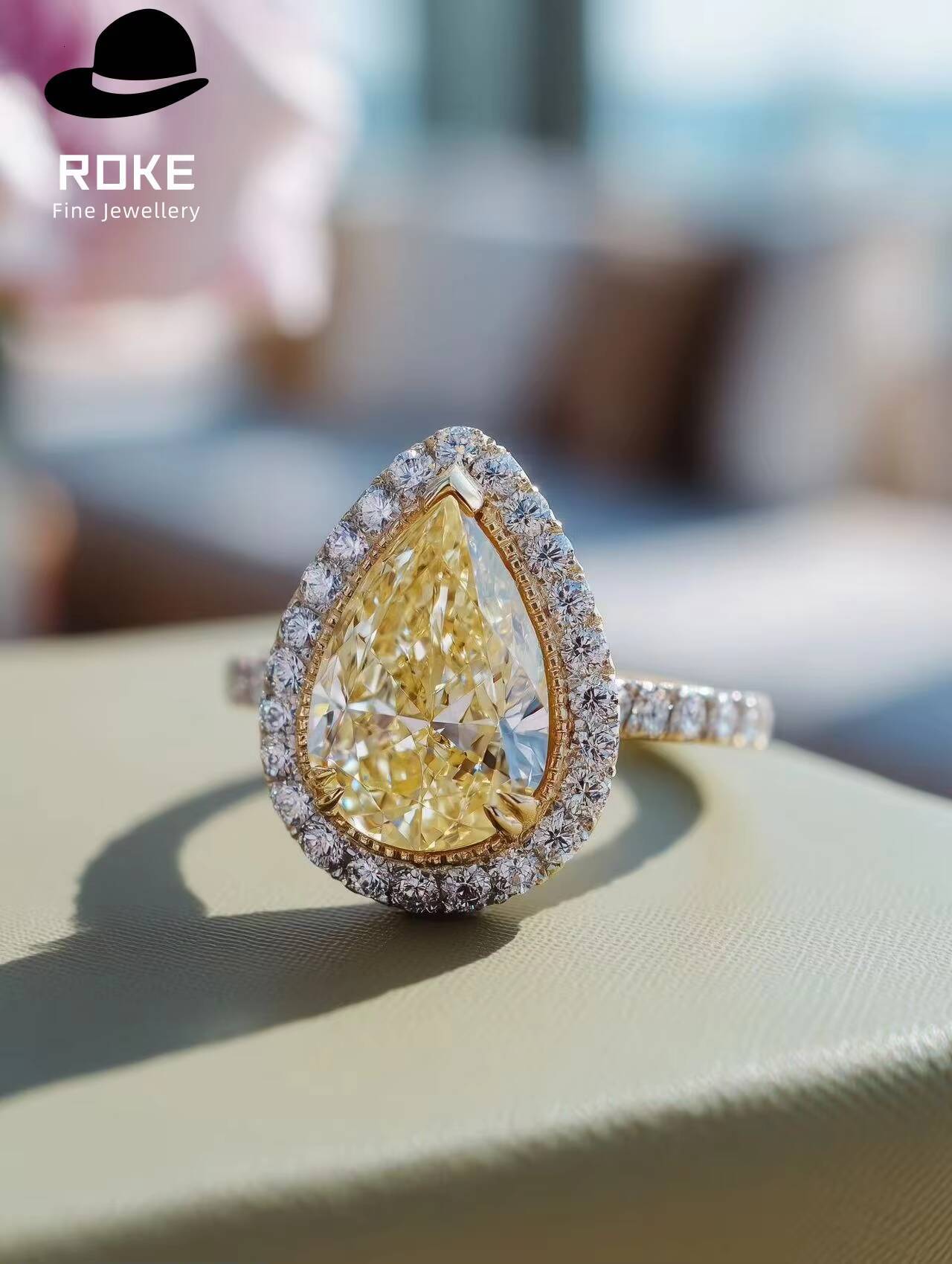 15ct Pear Yellow Lab Diamond Ring 9K/14K Gold - IGI/GIA Certified Cluster Engagement Ring