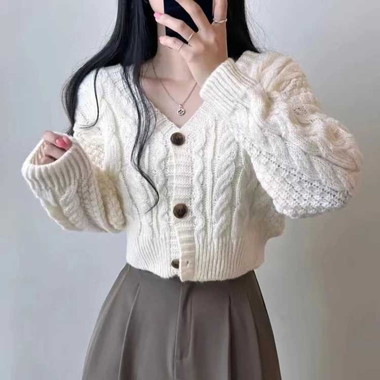 Cable Knit Crop Cardigan Sweater for Women Long Sleeve Button-up Boxy-fit Crop Sweater Jacket Teen-girl Fall Winter Y2K Outfit M260306