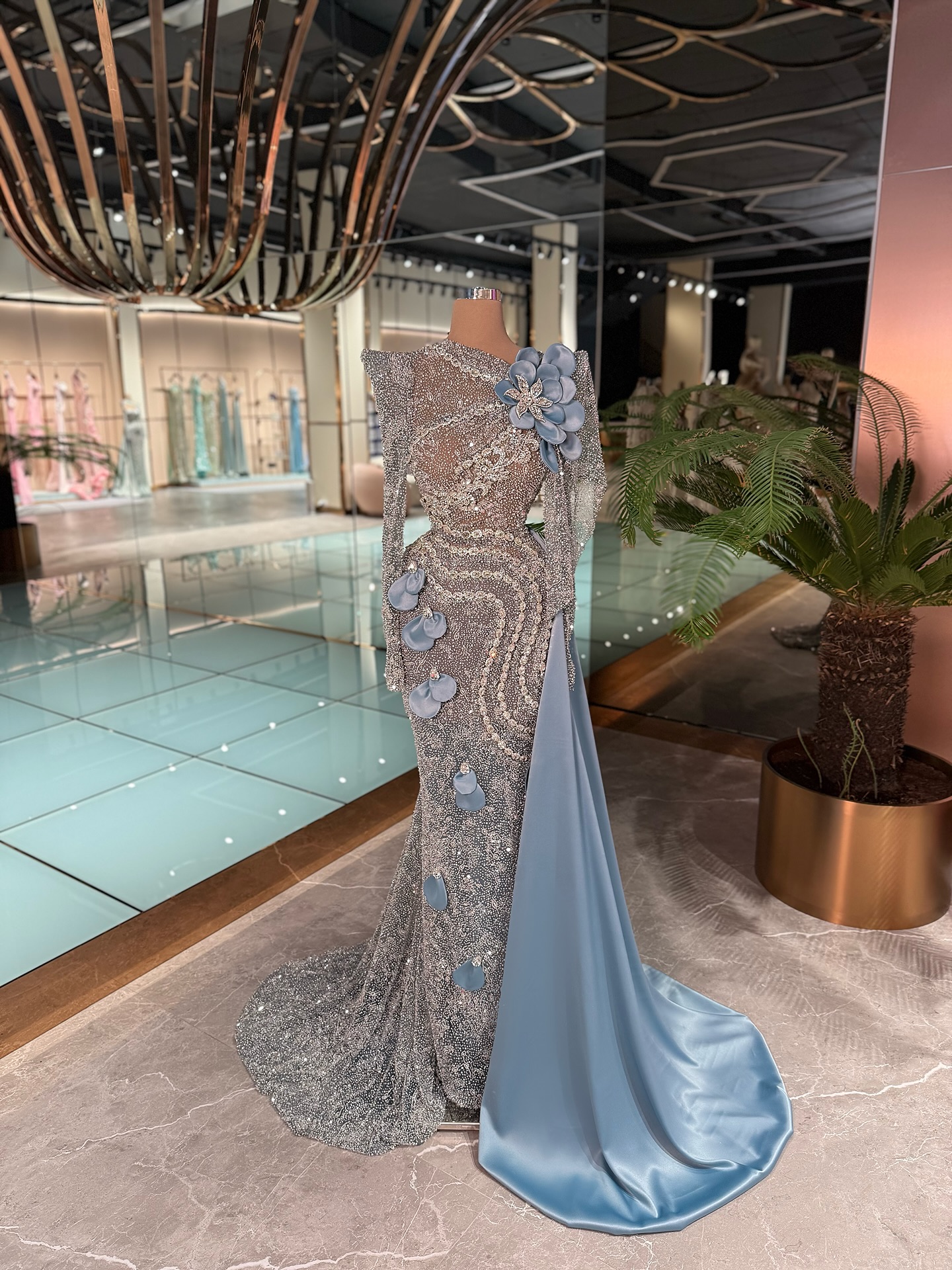Graceful Evening Dresses Mermaid 3D Flowers Beads Long Sleeve Rhinestones Prom Dresses Celebrity Party Gown Customized Vestido De Novia