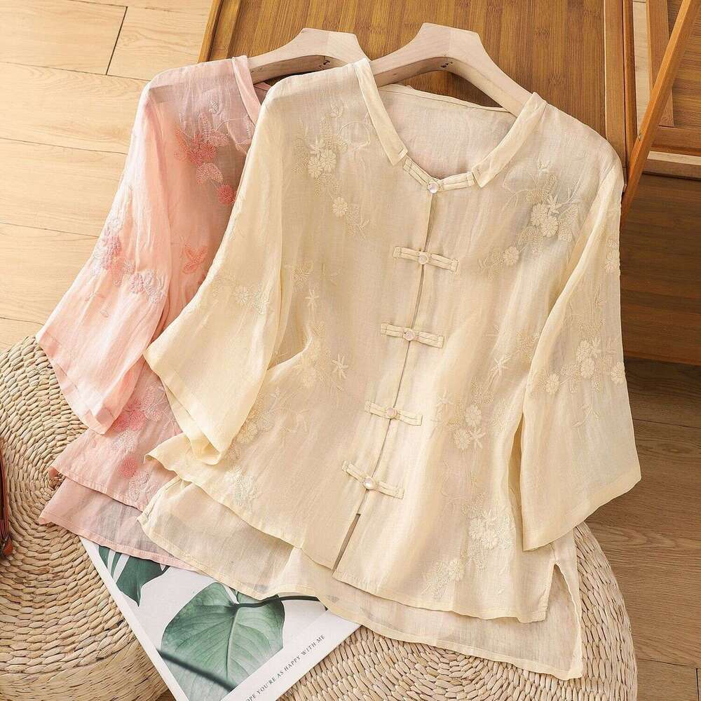 New Chinese style Sle Women's Cotton and Hemp Embroidered Short Sleeve Summer Thin Loose Top Button Classic A-line Version Short Sleeve