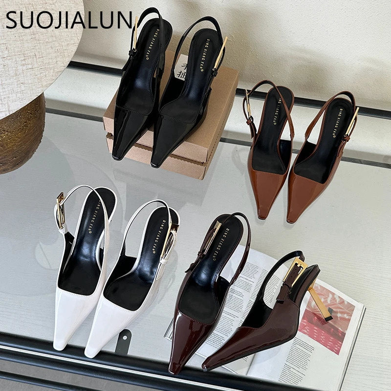 SUOJIALUN Spring Band Women Pumps Shoes Fashion Shallow Slip On Slingback Sandals Thin High Heel Dress Sexy Pumps Shoes 260306