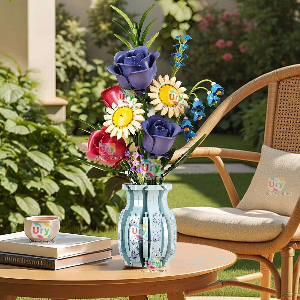 Flower Bouquet 3D Daisy Rose Lily of The Valley with Vase Set Building Block Model Home Decoration Valentine's Day Gift for Girl Z260305