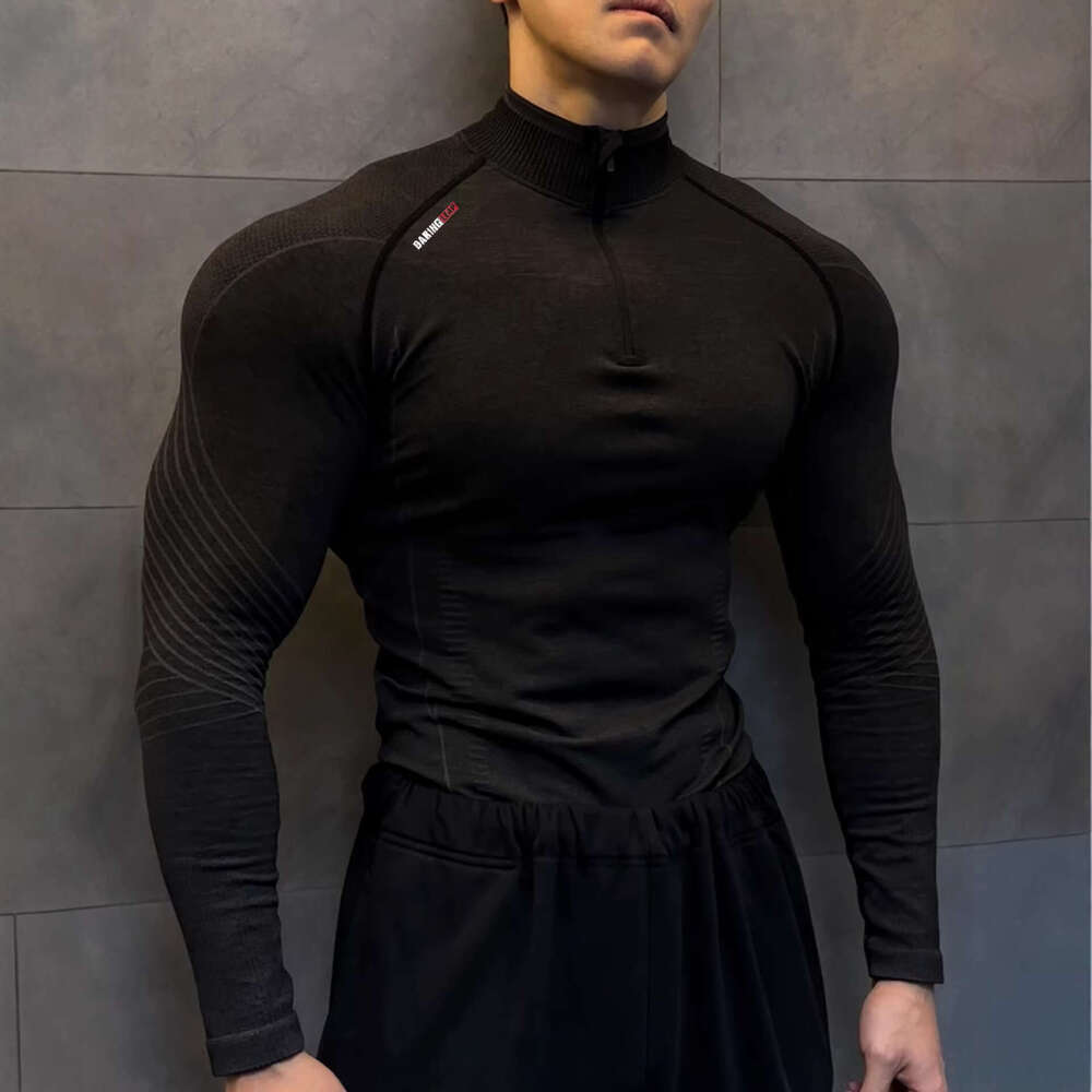 Elastic, quick-drying, seamless jacquard, figure-flattering fitness shirt, sports long-sleeve, breathable, slim-fit, casual half-zip training shirt fo