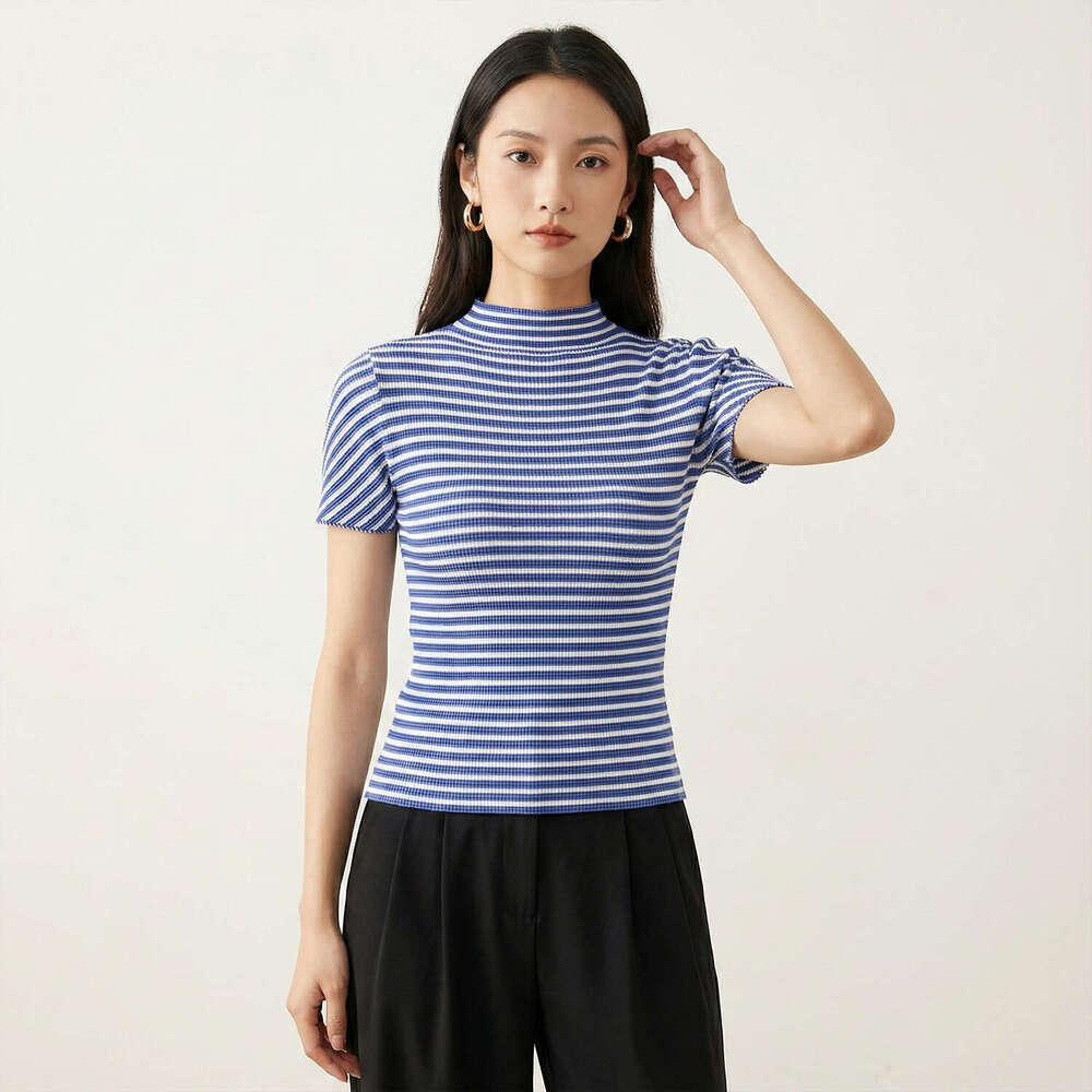 Miyake half-high collar pleated T-shirt for women, 2026 summer new short-sleeve slim-fit blue and white Designer striped top