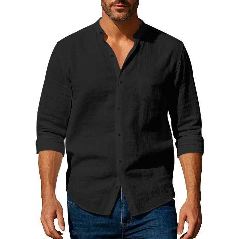 Cotton Linen Shirt for Men Henley Neck Solid Color Lightweight Breathable Slim Fit Single Breasted Shirt Long Sleeve Button Up M260305