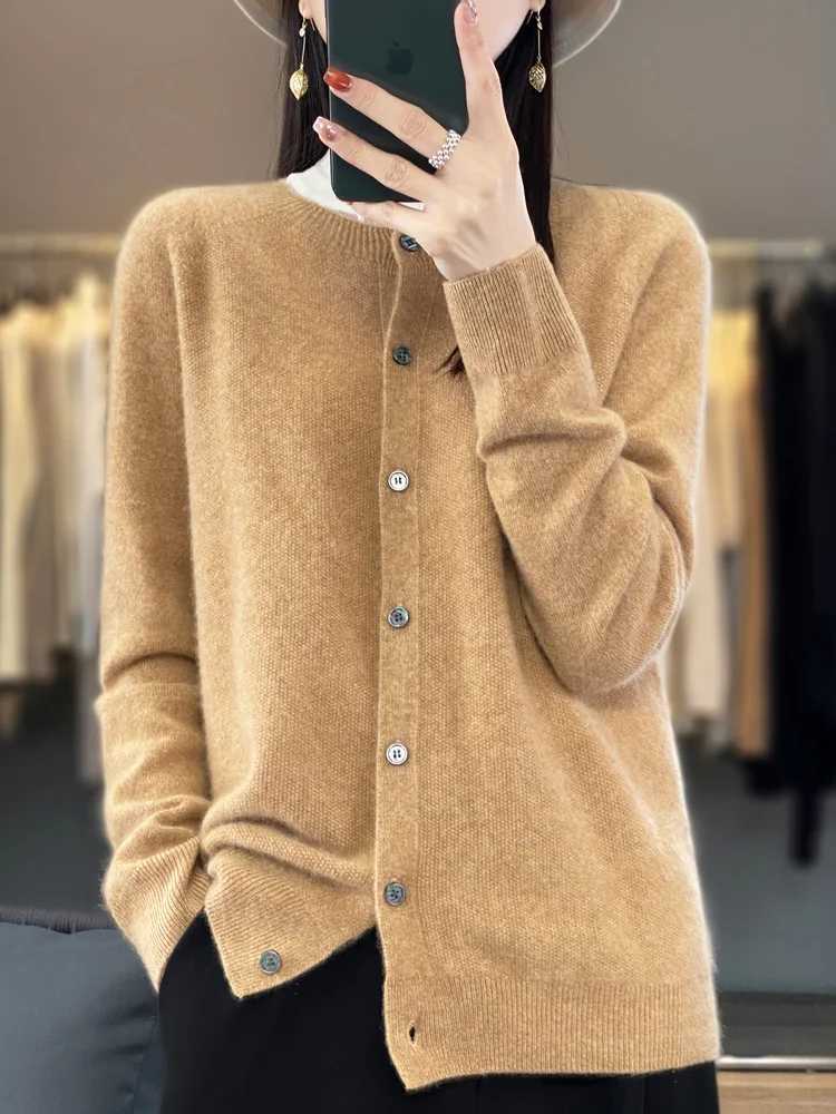 Aliselect Autumn Winter Women 100 Merino Wool Sweater O-Neck Tops Long Sleeve Basic Cashmere Knitwear Cardigan Clothing Coat M260306