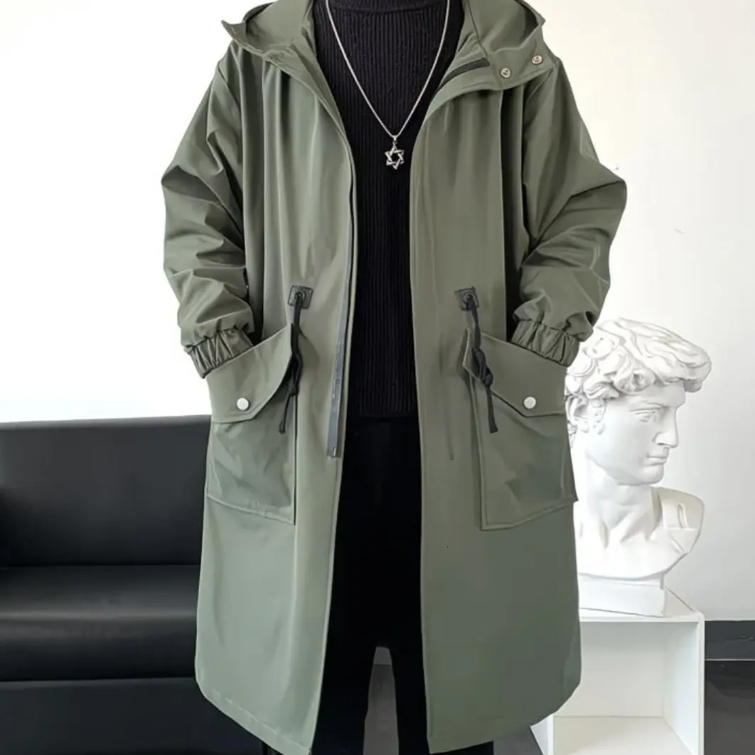 Trench Coat Men Casual Hooded Outwear Teens Pockets Temper Streetwear Chic Handsome Simple British Style Ropa Para Hombre 260302