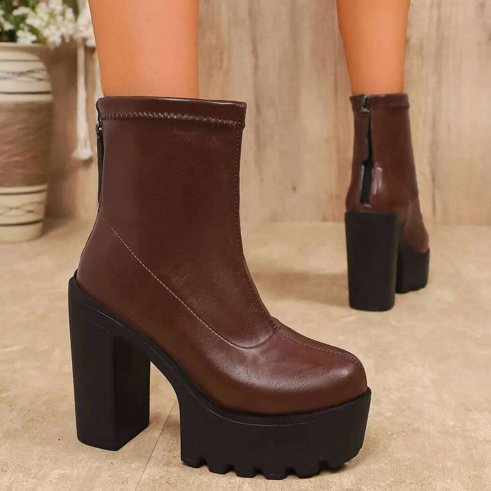 Womens Thick Sole Wide Heel Designer Fashion Platform Ladies High Quality Luxury Women Leather Boots Shoes