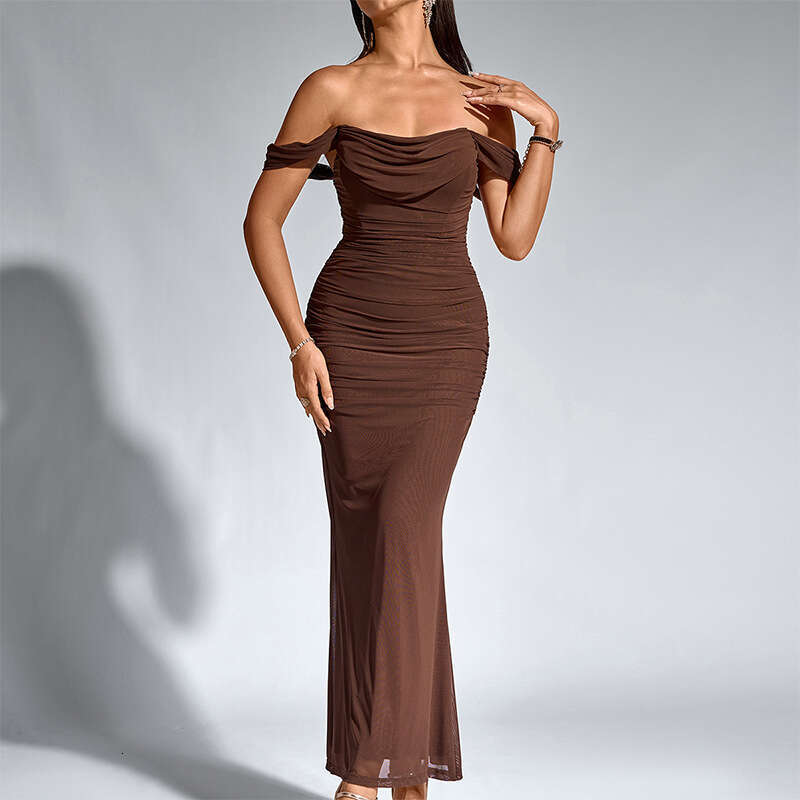 Cross-border foreign trade fishbone mesh pleated dress, European and American sexy backless off-shoulder tight-fitting bodycon long dress
