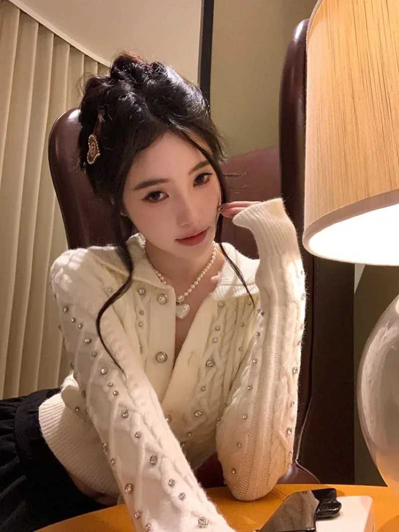 Patchwork Cardigan Y2k Spicy Outerwears Long SLeeve Knit Sweater Lapel NeCK Women CloTHing New Twist Cardigans M260306