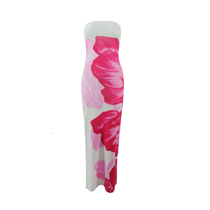 Cross-Border Women's Fashion European and American INS Sexy Style Slim Fit Printed Tube Top Split Bodycon Long Dress Factory Wholesale