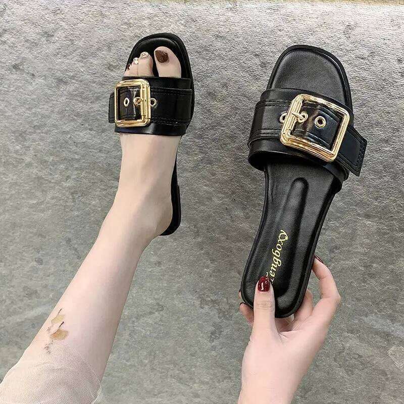 New Slides Personality Buckle Open Toe Wear-resistant Office 2025 Flat Slippers Summer Sandy Beach Sandals Women Shoes
