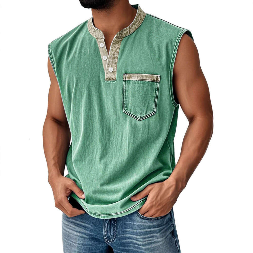 Spring Autumn European and American Cross-Border Men's Wear 3D Printed Three-Button Sleeveless for Young Men Casual Trendy Open-Front T-Shirt