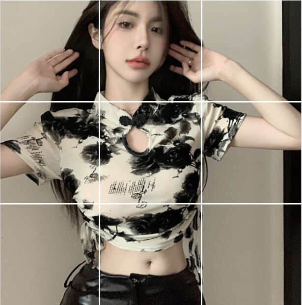 Ink wash painting T-shirt Round Neck Short Sleeved Casual Fashion Slim Fit Female T-shirt New Chinese Style frog button Adjustment of drawstring on bo