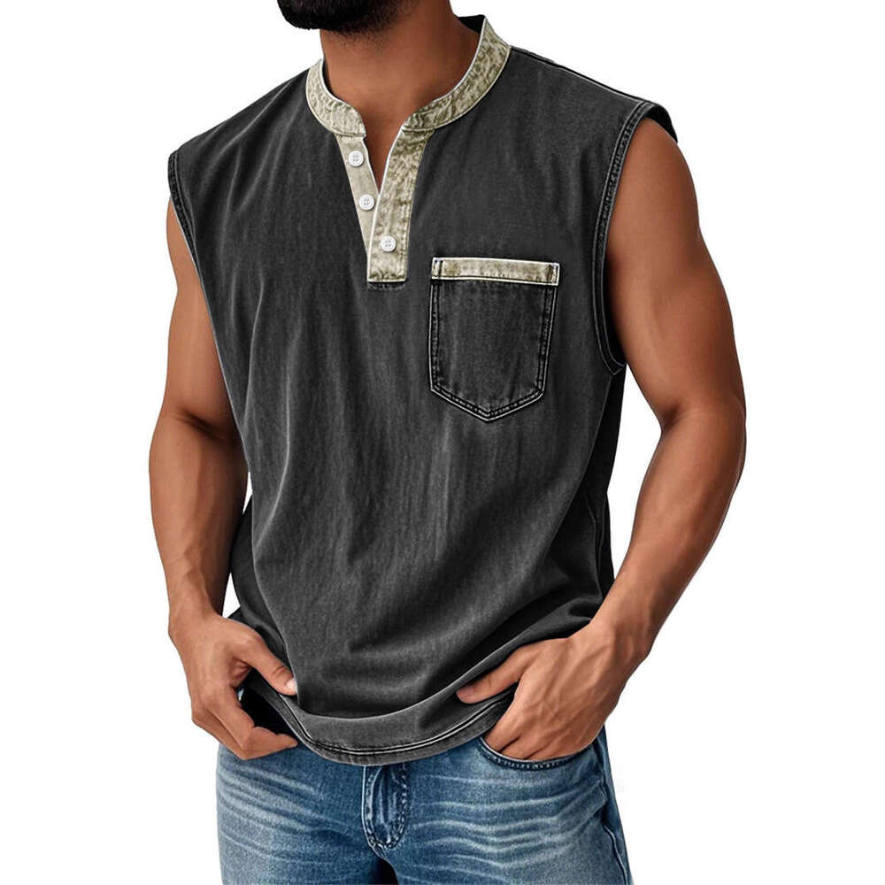 Spring Autumn European and American Cross-Border Men's Wear 3D Printed Three-Button Sleeveless for Young Men Casual Trendy Open-Front T-Shirt