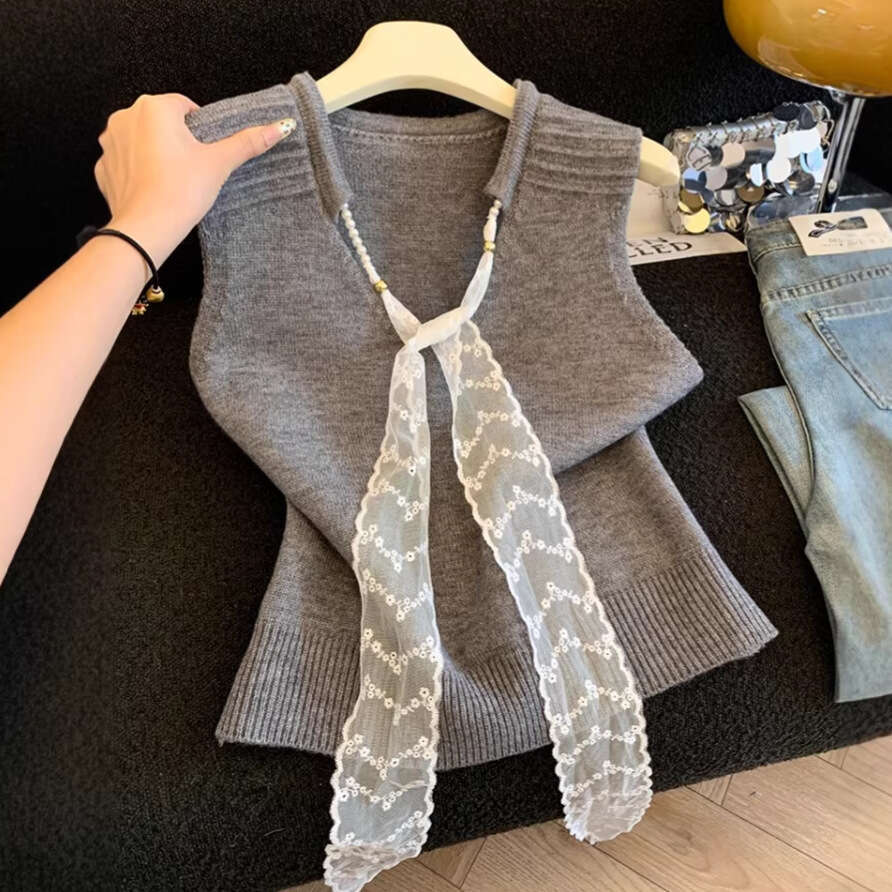 French-style lace ribbon V-neck knitted for women 2026 sleeveless vest Designer fashionable and versatile top A10499