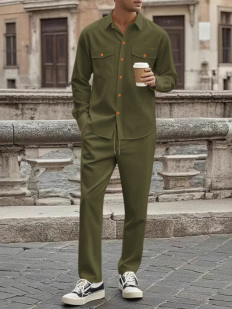 Cross border winter mens European and American corduroy casual suit workwear style long sleeved shirt long pants two-piece 260227
